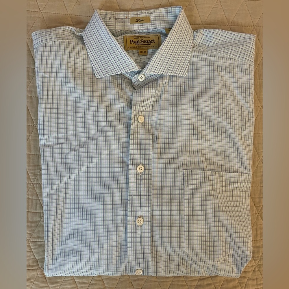Paul Stuart Cutaway Collar Check Print Dress Shirt in‎ Blue Size 17 1/2-34